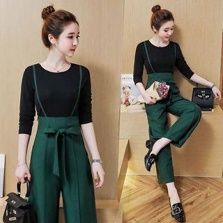 Set: Long-sleeve Top + Wide Leg Suspender Pants