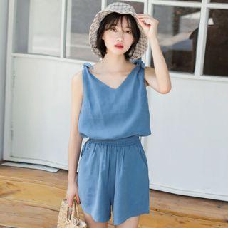 Set: Bow Tank Top + Elastic Waist Shorts As Shown In Figure - One Size
