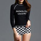 Set: Lettering Long-sleeve Rashguard + Houndstooth Swim Shorts