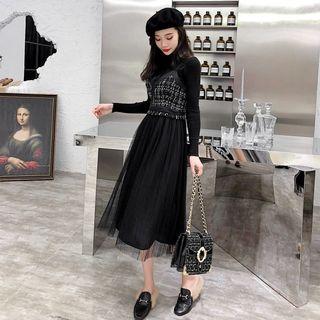 Set: Long-sleeve Knit Top + Spaghetti Strap Tweed Panel Midi Dress
