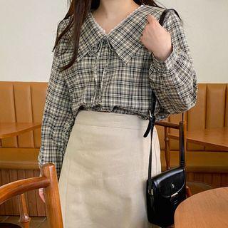 Plus Size Tie-neck Lace-trim Plaid Blouse