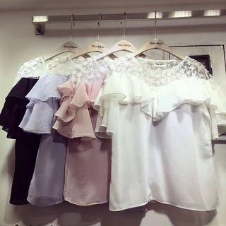Lace-shoulder Ruffle Chiffon Top