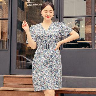 V-neck Floral Print Dress With Belt
