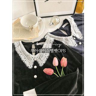 Lace-collar Velvet Flare Dress