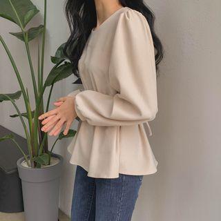 Bishop-sleeve Peplum Blouse Light Beige - One Size