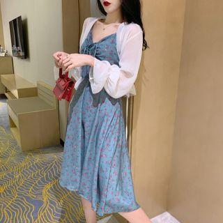 Floral Print Lace-up Dress / Chiffon Jacket