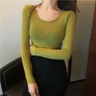 Plain Long-sleeve Top Greenish Yellow - One Size