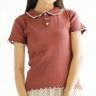 Contrast Trim Collared Short-sleeve Knit Top Rust Red - One Size