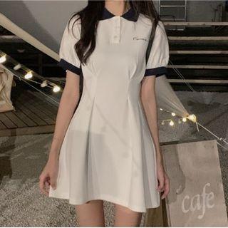 Puff-sleeve Polo-neck Mini A-line Dress
