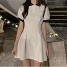 Puff-sleeve Polo-neck Mini A-line Dress