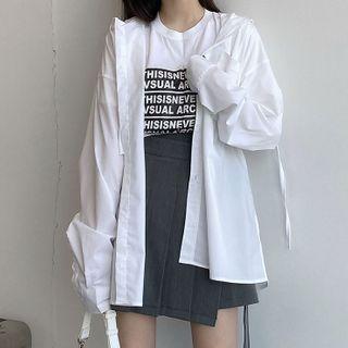 Long-sleeve Plain Hooded Shirt White - One Size