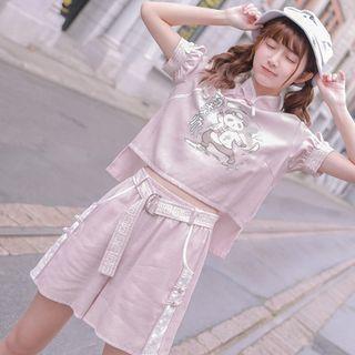 Short-sleeve Panda Print Top / Wide Leg Shorts