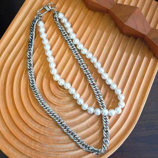 Layered Faux Pearl Layered Choker Silver & White - One Size