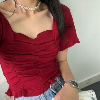 Shirred-front Square-neck Short-sleeve Cropped Knit Top
