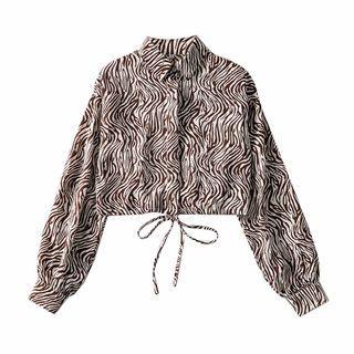 Zebra Print Drawstring Hem Crop Shirt