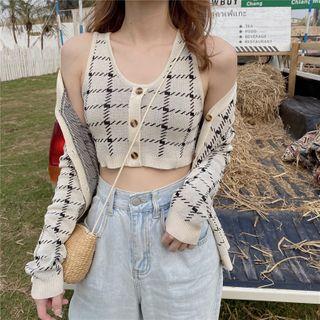 Set: Crop Plaid Knit Tank Top + Cardigan