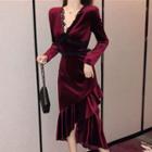 Velvet Long-sleeve Asymmetrical Midi Sheath Dress