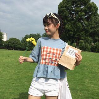 Elbow-sleeve Checker Paneled Frill Trim T-shirt