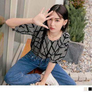 Elbow-sleeve Round Neck Geometric Pattern Top