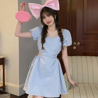 Puff-sleeve Sweetheart Neckline Cutout-waist Mini A-line Dress
