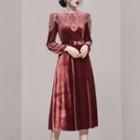 Long-sleeve Lace Panel Belted Midi A-line Velvet Dress