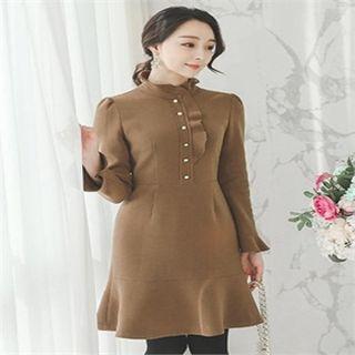 Ruffle-trim Fuax-pearl Buttoned Dress