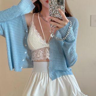 Long-sleeve V-neck Plain Cropped Cardigan