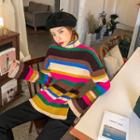Turtleneck Rainbow Stripe Rib-knit Top