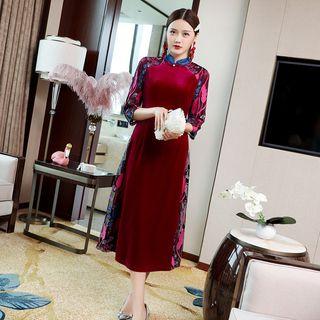 3/4-sleeve Traditional Chinese Velvet Midi Dress