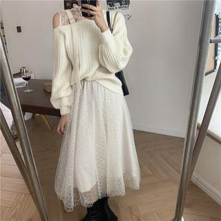 Lace Panel Sweater / Mesh Midi A-line Skirt