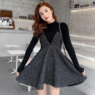 Set: Mock Neck Knit Top + Spaghetti Strap Mini Dress
