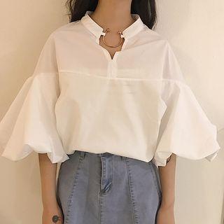 Balloon Elbow-sleeve V-neck Blouse