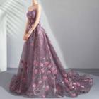 Embroidered Rose Trained A-line Tube Evening Gown