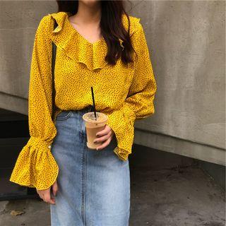 Ruffle Chiffon Blouse Dotted - Yellow - One Size