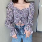 Floral Drawstring Ruched Long-sleeve Top