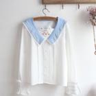 Cat Embroidered Lace Trim Blouse White - One Size