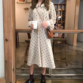 Puff-sleeve Polka Dot Midi Shirt Dress Almond - One Size