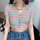 Short-sleeve V-neck Striped Knit Top Pink & Yellow - One Size