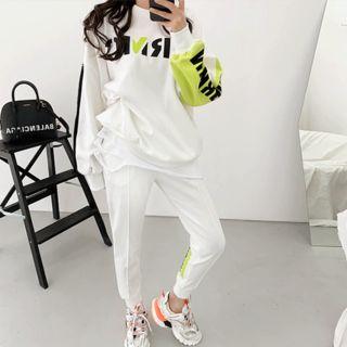 Set: Round-neck Contrast-trim Pullover + Band-waist Pants