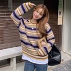 Multicolor Striped Round-neck Long-sleeve Sweater Purple - One Size