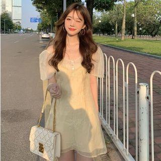 Mock Two-piece Puff-sleeve A-line Dress Almond - One Size
