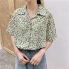 Short-sleeve Floral Blouse Green - One Size