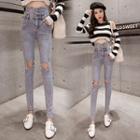 High-waist Distressed Slim-fit Jeans