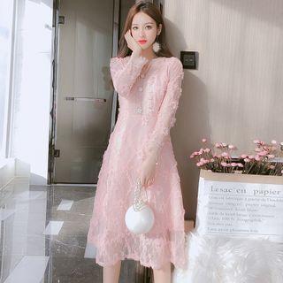 Long-sleeve V-neck Plain Lace Dress