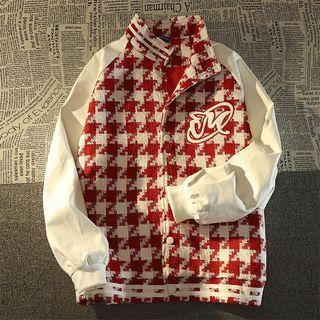 Letter Embroidered Houndstooth Bomber Jacket