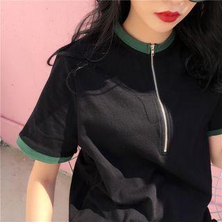 Short-sleeve Zip Collar Long T-shirt