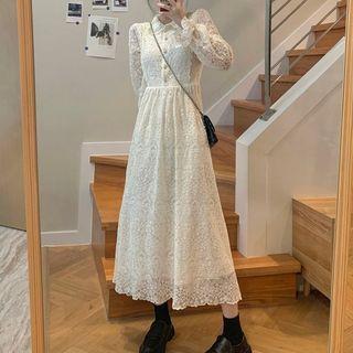 Long-sleeve Lace Midi A-line Dress / Plain Coat