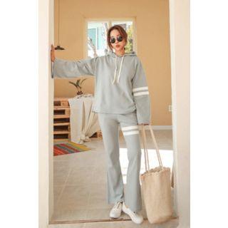 Set: Contrast-trim Hooded Top + Band-waist Pants