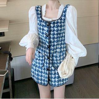 Long-sleeve Mini Sheath Dress / Houndstooth Button Vest