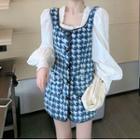Long-sleeve Mini Sheath Dress / Houndstooth Button Vest
